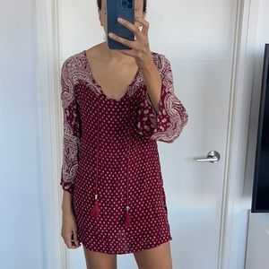Boho Paisley Mini Red Dress with Tassels